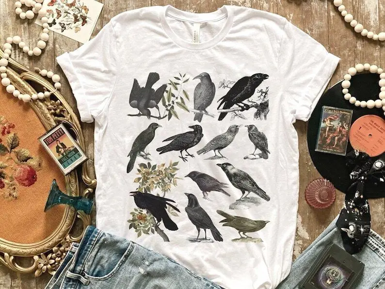 Maglietta Black Corvi E Ravens Wild Bird Watching Spooky Season Dark Academia Maniche Lunghe O Corte