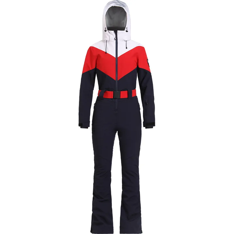 One-piece Ski Suit Female Snowbard Retro Slim Waist Windproof Waterproof Warm Hooded Jacket Pants Set Snow Outfit for Women