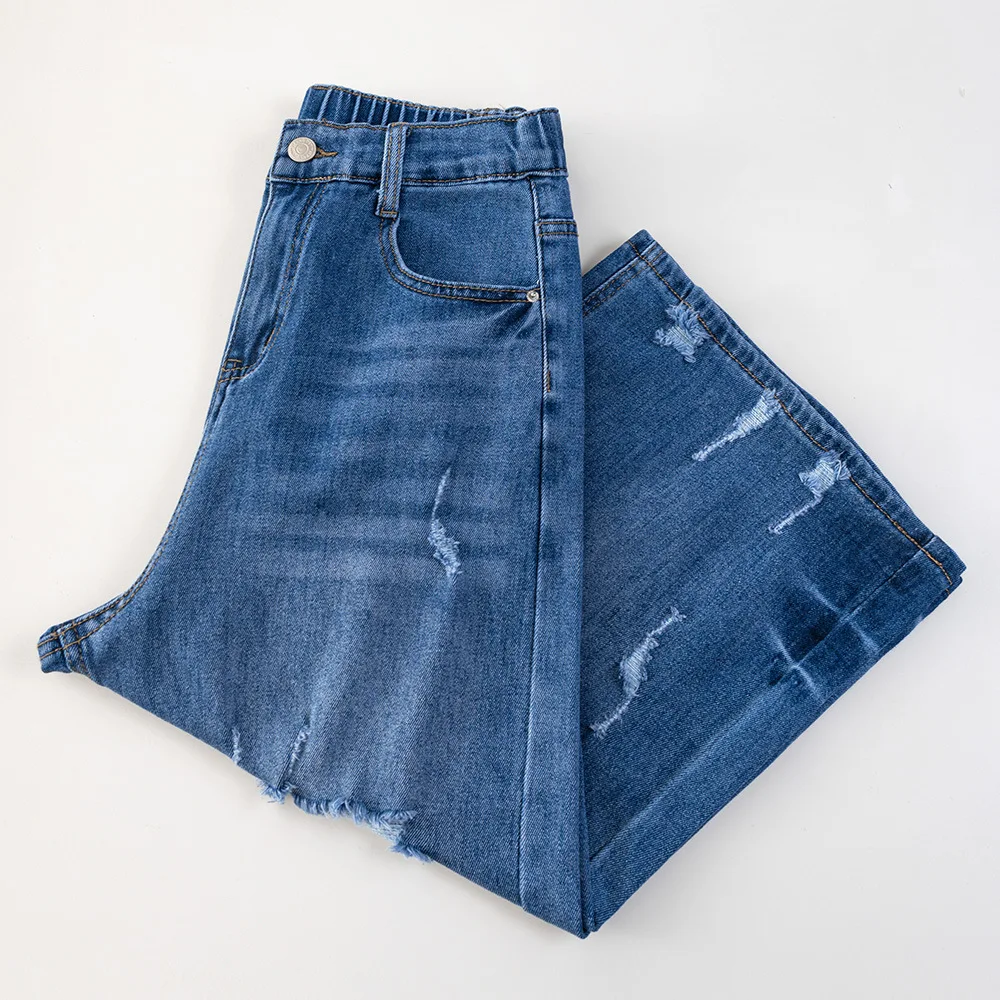 Jean déchiré taille haute extensible en denim pour femme, style slim, longueur mollet, pour femmes rondes, collection été 2026 - 2626