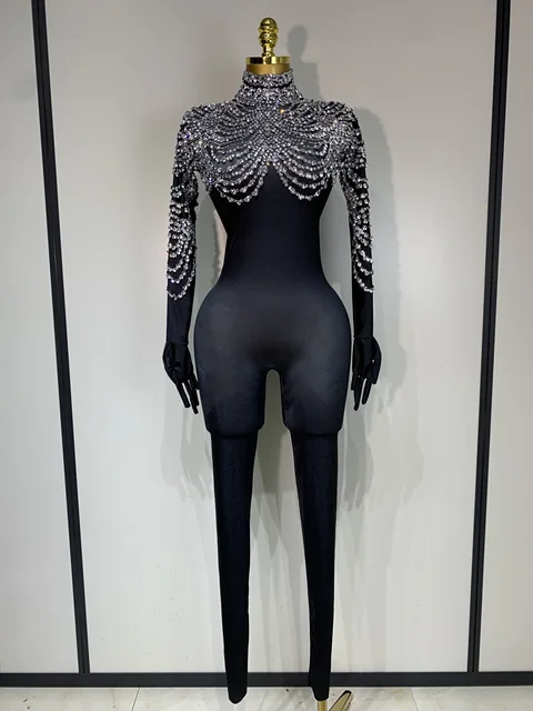 Stock Women Sexy Nightclub Evening Party Drag Queen Singer Dancer Stage Performance Costume Luxury Rhinestone Stretch Jumpsuit