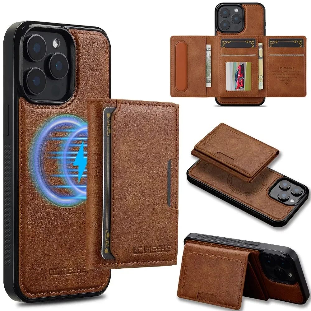 Detachable Wallet Case For iPhone 16 Pro Max 15 14 Plus 13 12 11 XS XR X 7 8 SE 2022 2020 2024 For MagSafe Cards Holder Cover