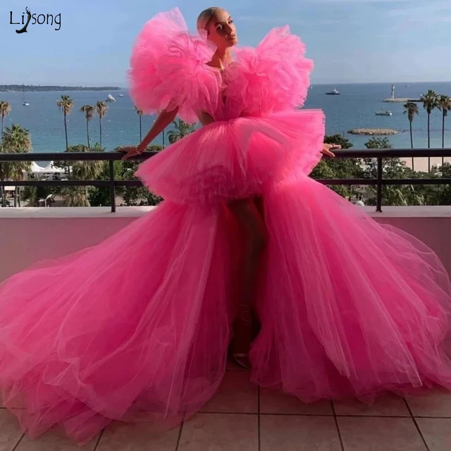 High Low Strapless Pink Tulle Long Prom Dresses, High Low Pink Formal Dresses, Pink Evening Dresses EP1647 main image 1