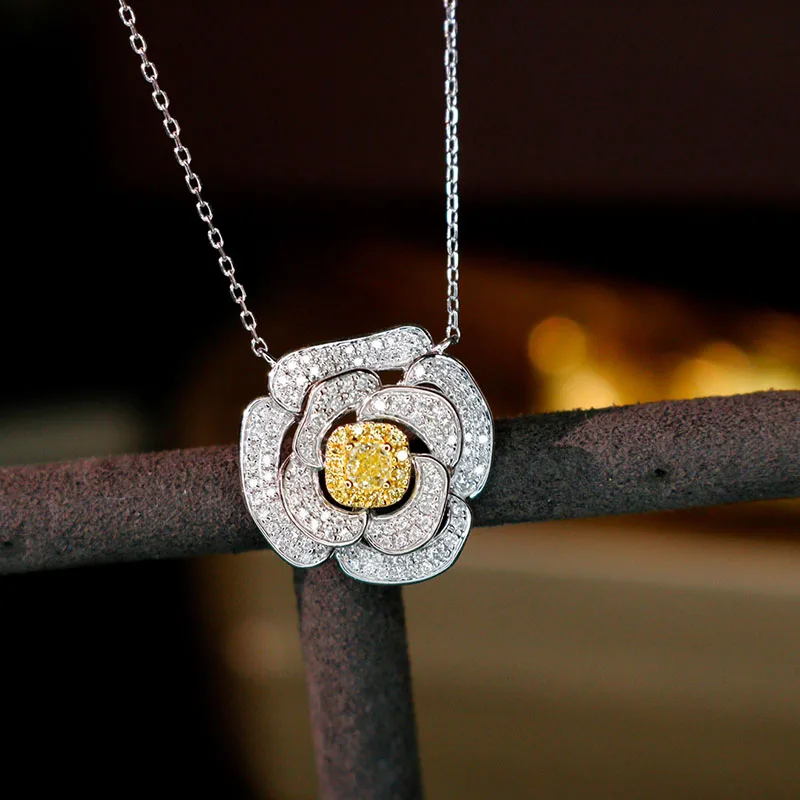 LUOWEND 18K White Gold Pendant Necklace Real Natural Yellow Diamond Pendant Luxury Rose Necklace for Women Wedding Party
