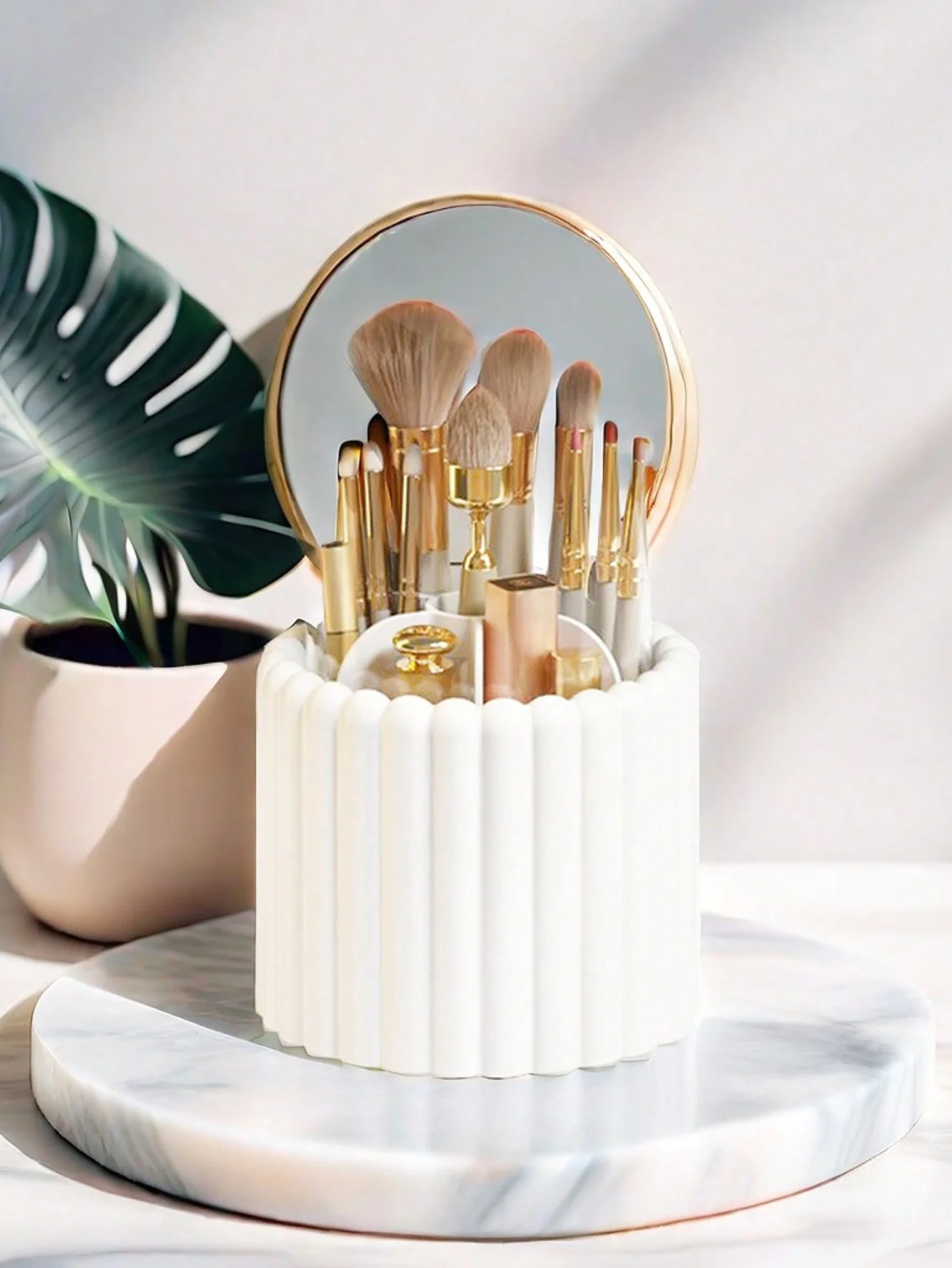 360 Degree Rotating Makeup Brush Organizer with Lid Dustproof Mist Eyebrow Pencil Brush Bucket Dresser 5