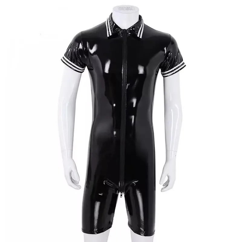 Adult Unitard Men&rsquo;s Short Sleeve Shiny Faux PU Leather Catsuit Sexy Zipper Open Crotch Bodysuit PVC Tights Leotard Plus Size