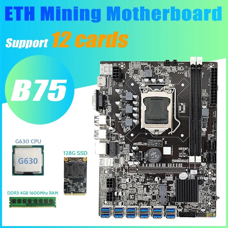 B75 BTC Mining Motherboard 12 PCIE To USB3.0+G630 CPU+DDR3 4GB 1600Mhz RAM+128G MSATA SSD B75 USB Miner Motherboard cheap motherboard for pc