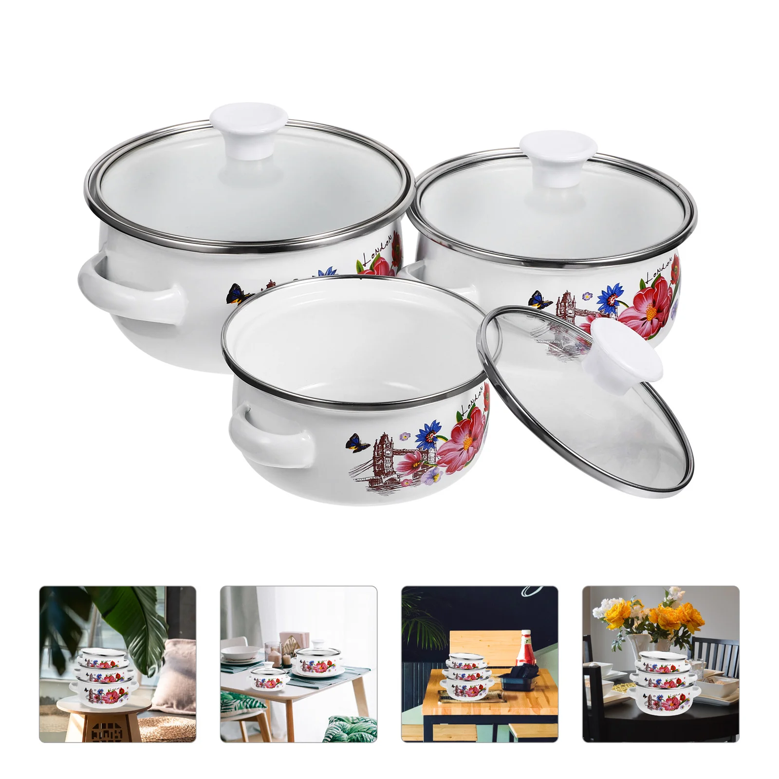 

Kitchen Enamel Stockpot Lid 3Pcs Retro Flower Stew Bean Cooking Pot Vintage Soup Pot Handles Nonstick Simmer Pot