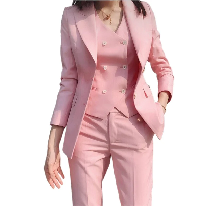 

2023 Fashion New Ladies Business Solid Color Suits Trousers Waistcoat / Woman's Pink Commuter Blazers Jacket Pants Vest Set