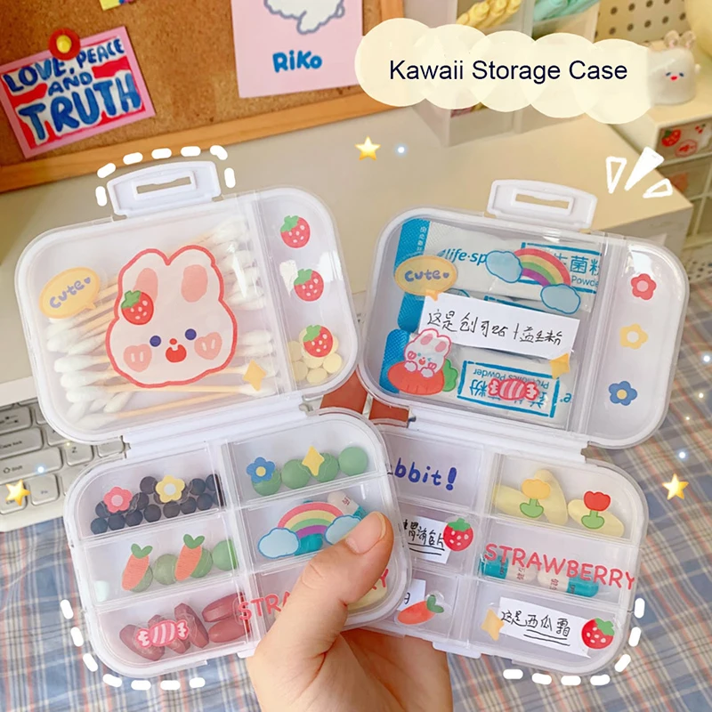 Kawaii Pill Case with Sticker Container Plastic Medicine Pill's Box Office  Home Travel Storage Storage Organizer for Small Thing