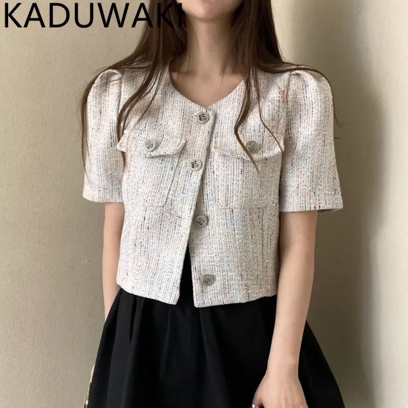 

Korean Style Pocket Design Tweed Coat Short Sleeve T-shirt Elegant Woman Vintage Casual Single Breasted Blusas Chic Sweet Summer