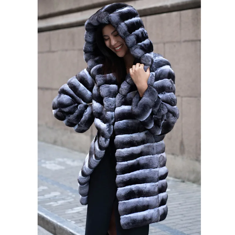 Winter Thick Warm Hooded Mid-Length Faux Fur Coat Women Fluffy Jacket Striped Luxurious Branded Fur Coat Long Sleeve Mink Coats