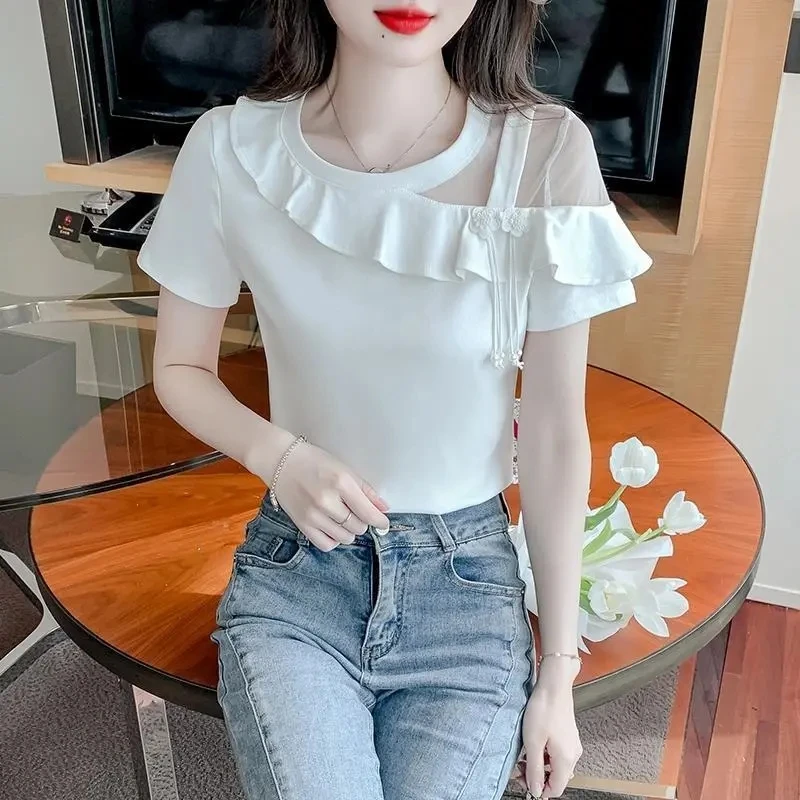 2024 Women's Summer New Design Sense Slim Fit Small Top Trendy Chinese Flower Plate Button Ruffled Sleeve T-shirt Unique Style