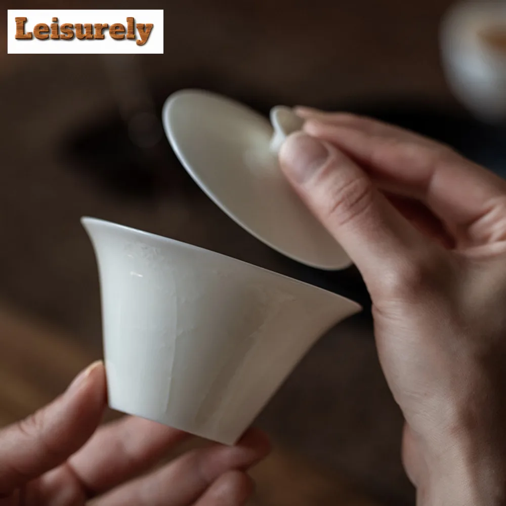 120ml Handmade Sculpture Gaiwan Handmade Thin Body White Porcelain Tea Tureen Tea Maker Cover Bowl Tableware Supplies Decoration