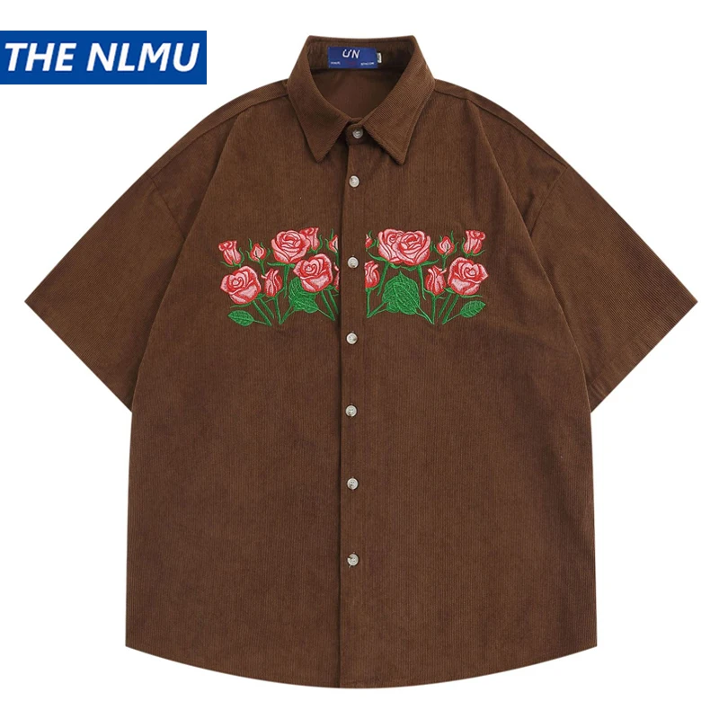 

Vintage Rose Embroidery Shirt for Men and Women Summer Oversized Loose Corduroy Tops Harajuku Streetwear Hip Hop Shirts Y2K