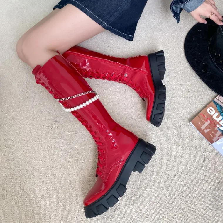 2022 New Motorcycle Boots Women Leather Shoes Pearl Chain Fashionable Comfortable Cool Casual Shoes Women Knee-high Boots