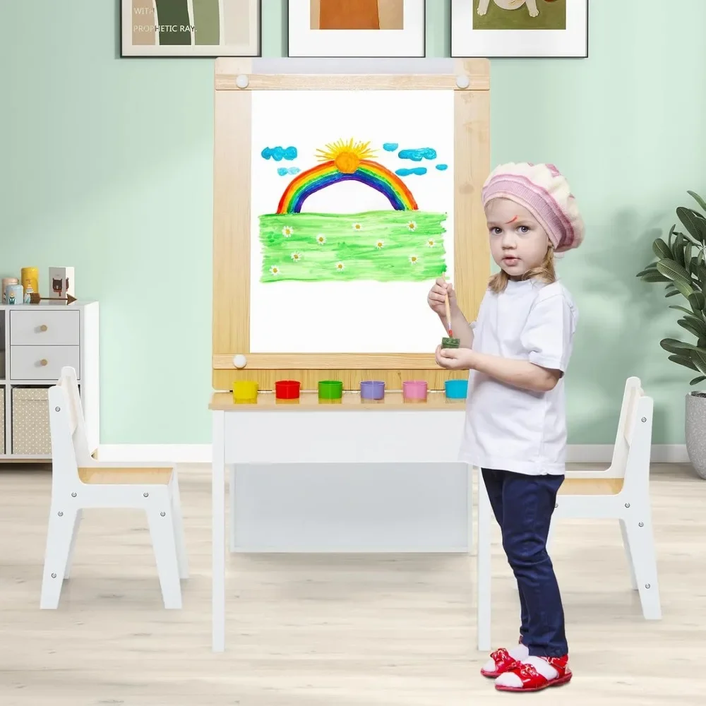 3 in 1 Kids Art Table and Chair Set, Toddler Craft Play Wood Activity Desk with 2 Chairs Storage Canvas Bins ,Children Furniture 6