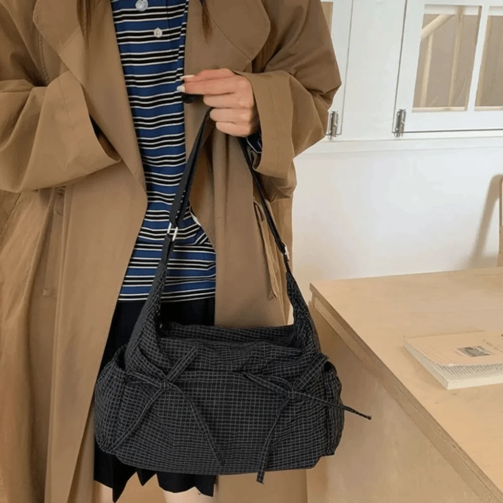 Borsa a Tracolla Casual a Quadri con Fiocco, Tasche Multiple, Grande Capacità, in Nylon, Leggera, Stile Hobo per Ragazze - immagine 4