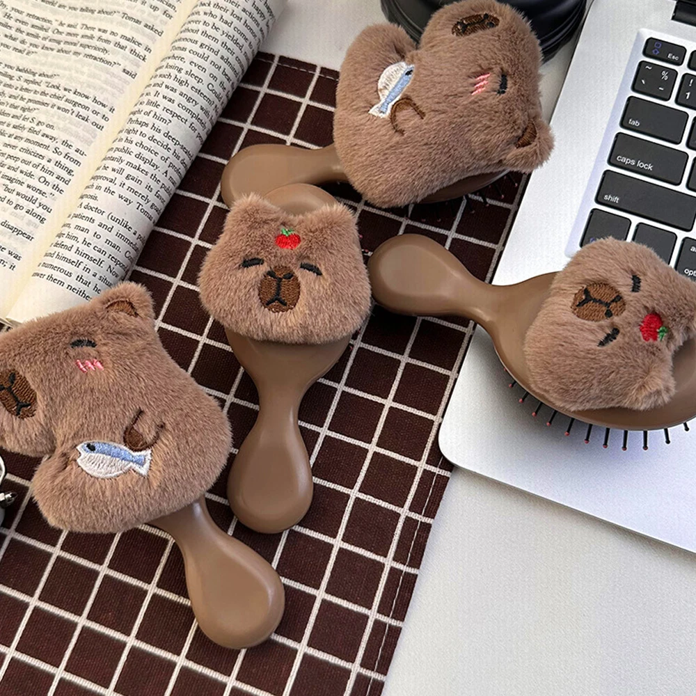 1pcs Mini Cute Cartoon Apple Capybara Plush Air Cushion Hairbrush Hug Fish Capybara Plush Scalp Massage Comb 4
