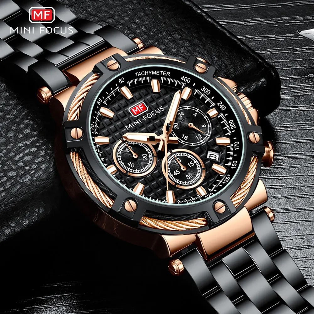 MINI FOCUS Black Stainless Steel Quartz Watch Men Fashion