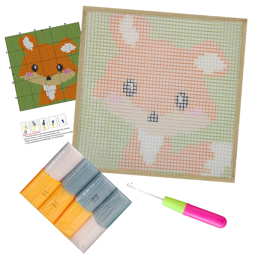 Latch Hook Kits for Kids Rug Making Kits with Printed Canvas Fox Carpet Tapestry DIY Needlework Doormat Creative Gift