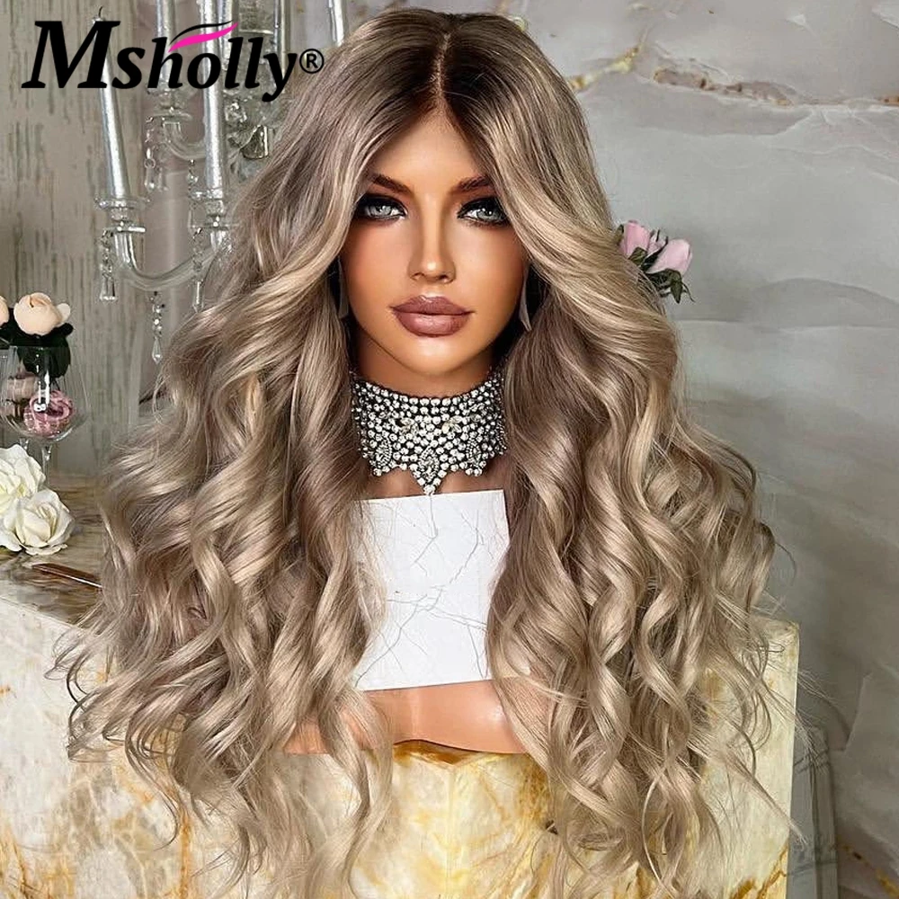 13X4 Lace Frontal HD Transparent Wig Ash Blonde Body Wave Lace Front Wig Ombre Remy Human Hair Wigs Dark Roots Wig For Women