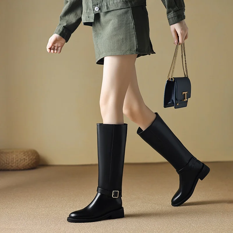 

folded soft leather wedge double barrel runway boots black brown autumn winter boots woman fashion buckle knee high boots woman