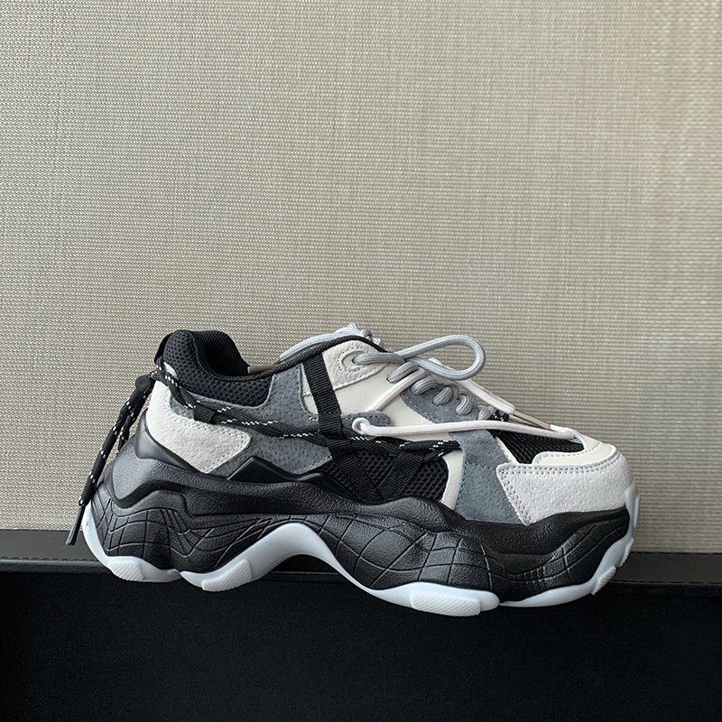 

Women Shoes 2023 Cow Suede Thick Bottom Chunky Lace-up Sneakers Female New Fashion Casual Black Trainer Platform Sneakers Mujer