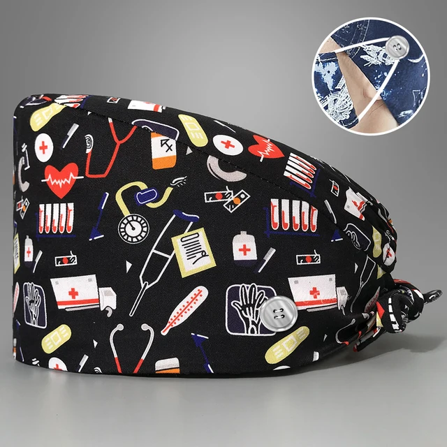 New Fashion Cotton Skull Cartoon Print Hat Adjustable Work Cap Beauty Salon Nursing Cap Male Surgical Hat Wholesale Scrub Caps 22141
