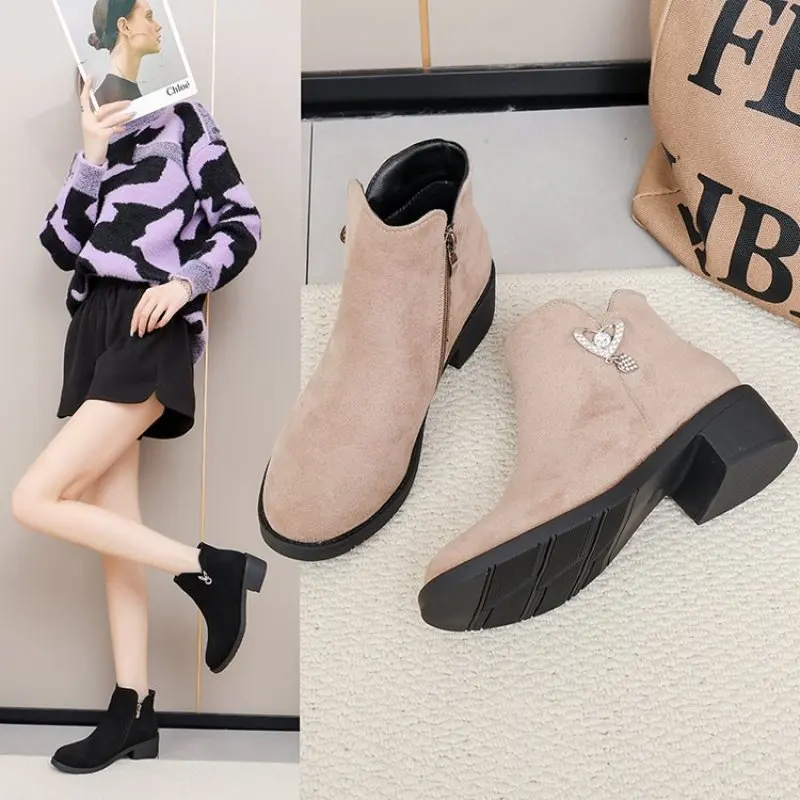 Real Soft Leather Boots for Women 2024 New Autumn Inner Match Chunky Heel Increased Chunky Heel Ankle Boots Women's Korean Boots