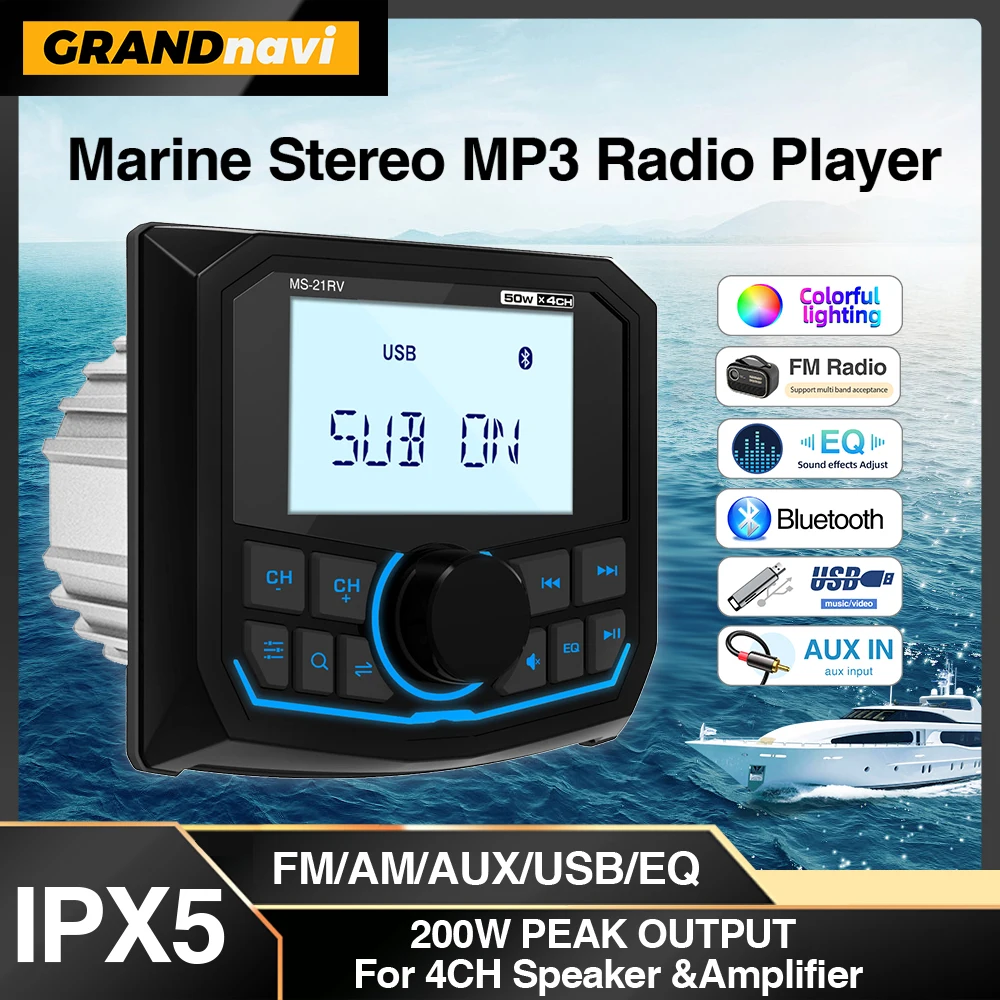 Marine Radio Boat Stereo FM AM Digital Media Audio Player Bluetooth IPX5 Waterproof For Yacht ATV UTV Golf Cart Motorcycle