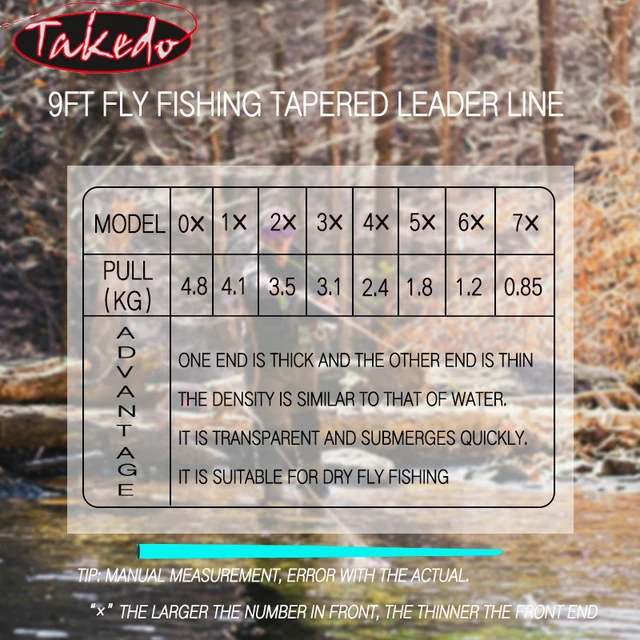 TAKEDO Slow Sinking Taper Fishing Line 9FT 0-7X Tapered Leader Fly Fishing  Line With Pre-tied Loop Clear Nylon Line