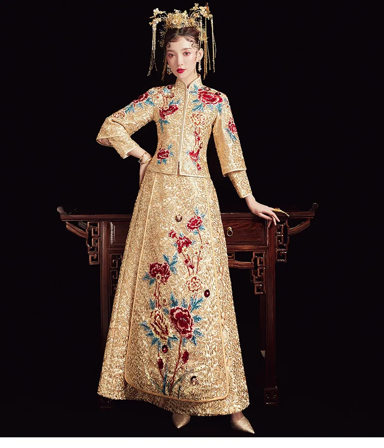 Gold Embroidery Chinese Traditional Dress Wedding Long Cheongsam Bridal Bride Dragon Phoenix Vintage Women китайская одежда 301 фраза китайская грамматика в диалогах том 1