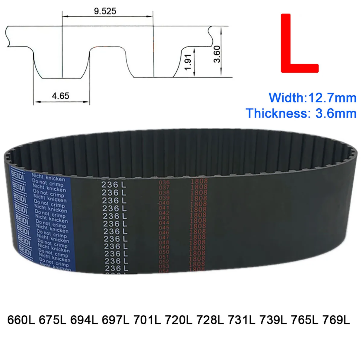 

1Pc Width 12.7mm L Rubber Arc Tooth Timing Belt Type 660L 675L 694L 697L 701L 720L 728L 731L 739L 765L 769L Synchronous Belts