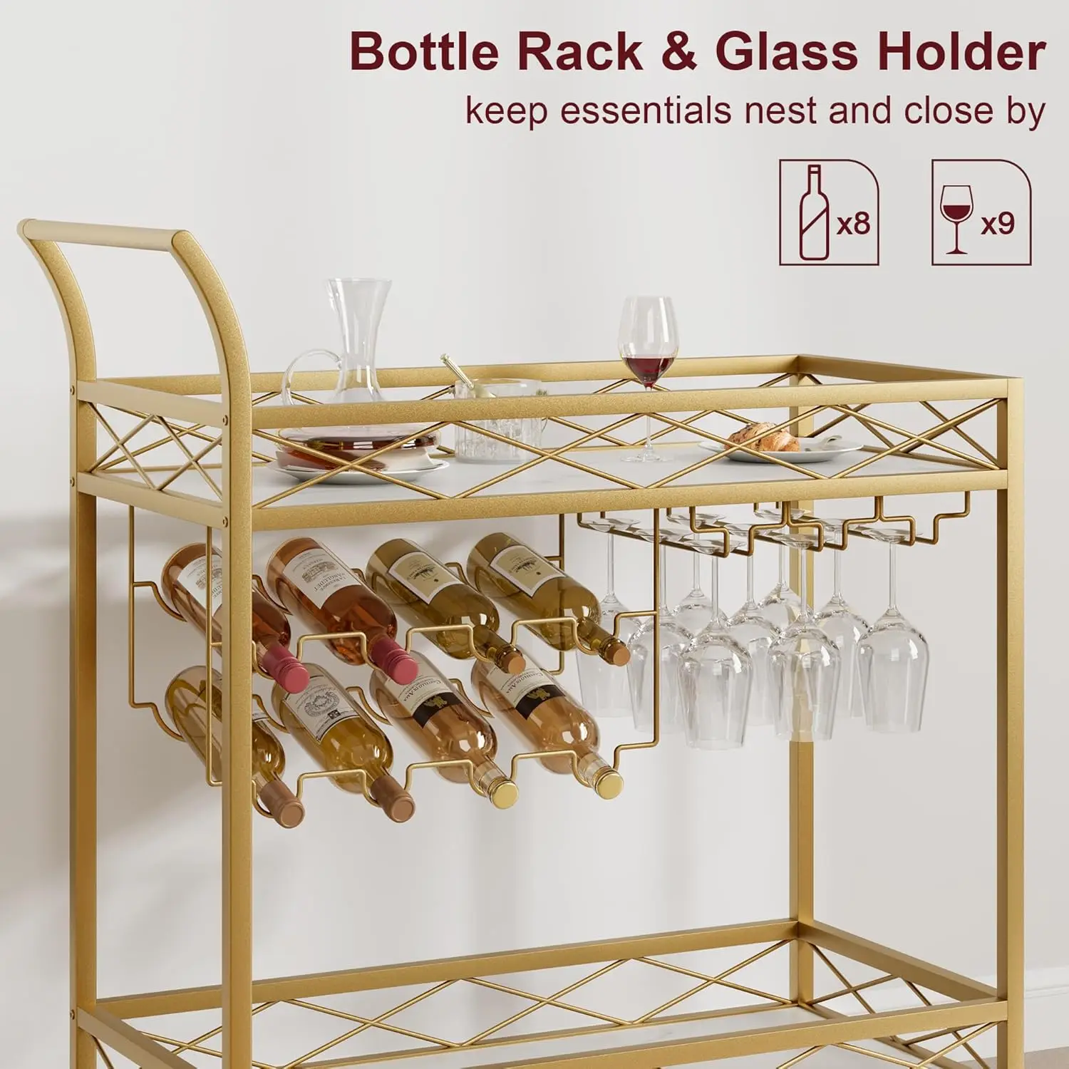 Gold Bar Cart, 2 Tier Bar Carts for The Home, Bar Carts with 4 Wheels, White Marble Finish Wood Shelf, Wine Rack & Glass Holder