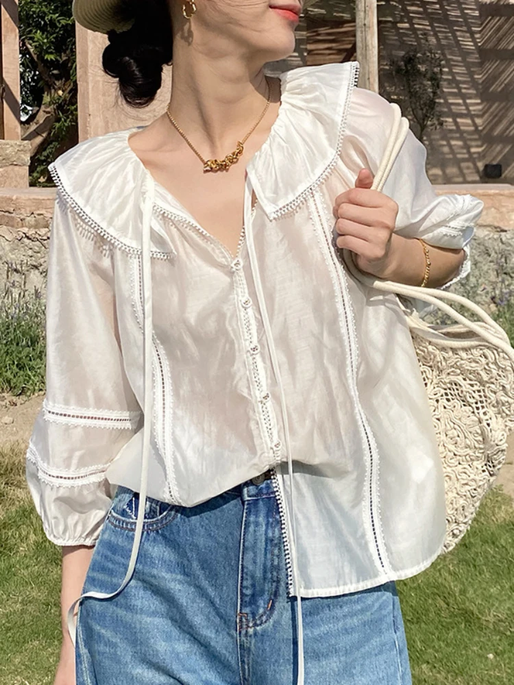 

Французская элегантная шикарная блузка GypsyLady, рубашка Lyocell, свободная кружевная Прозрачная Сексуальная Блузка с завязками, праздничные Женские повседневные топы, новинка