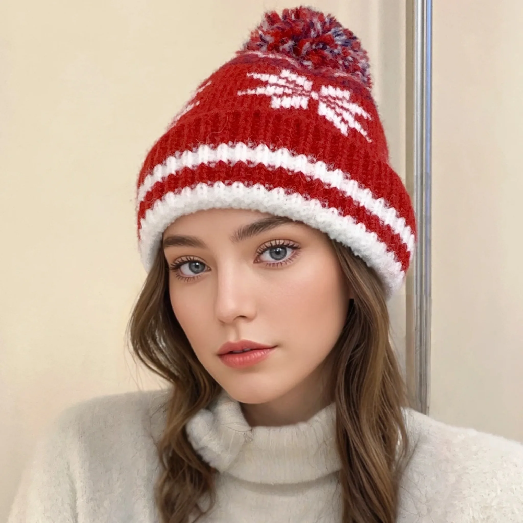 New Style Classic Snow Flake Jacquard Winter Hats Winter Warm Pompoms Beanie For Women Solid Color Winter Knitted Hat