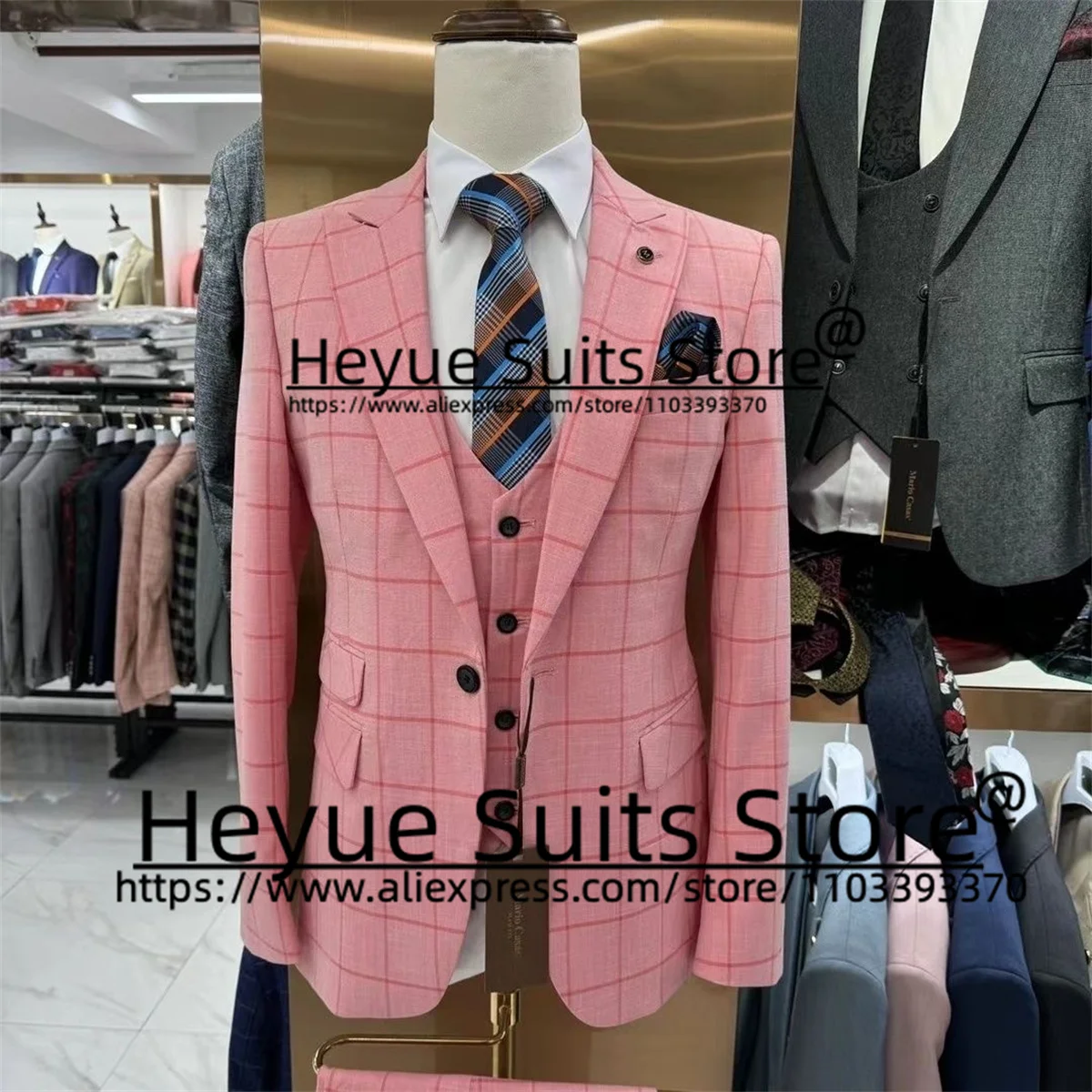 Tailor Made Business Pink Plaid Wedding Suits For Men Slim Fit Peak Lapel Groom Tuxedos 3 Pieces Sets Office Work Male Blazer