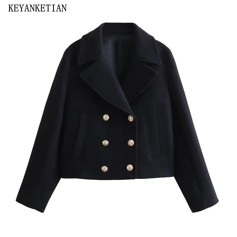 

KEYANKETIAN Autumn/Winter New Women's Double-breasted Short Coat Notched Collar Office Lady Loose Black Woolen Suit Crop Blazer