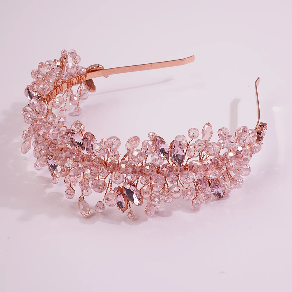Bridal Hair Accessories, Crown Headband, Hair Accessories Handmade Wedding Bride Luxury Pink Gold Rhinestones Tiaras and Crowns Bridal Headband Costume Hair Accessories for Women