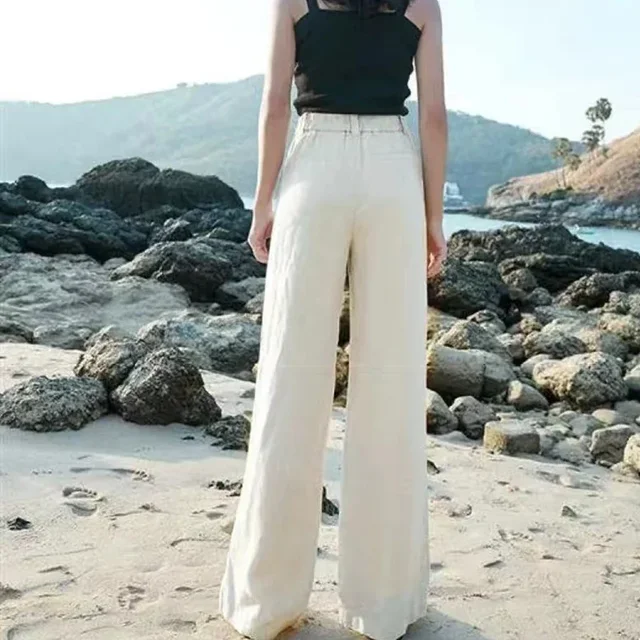 Pantaloni larghi estivi in cotone e lino da donna Pantaloni eleganti a vita alta bianchi a gamba larga da donna Pantaloni larghi dritti casual da donna 3