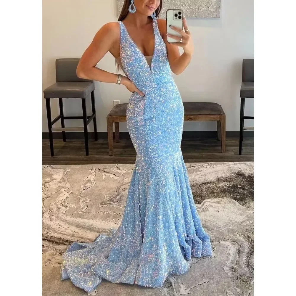 

Wakuta Sparkly Sequin Prom Dresses for Women Long Mermaid Deep V-Neck Formal Evening Party Gowns vestidos de luxo para festa