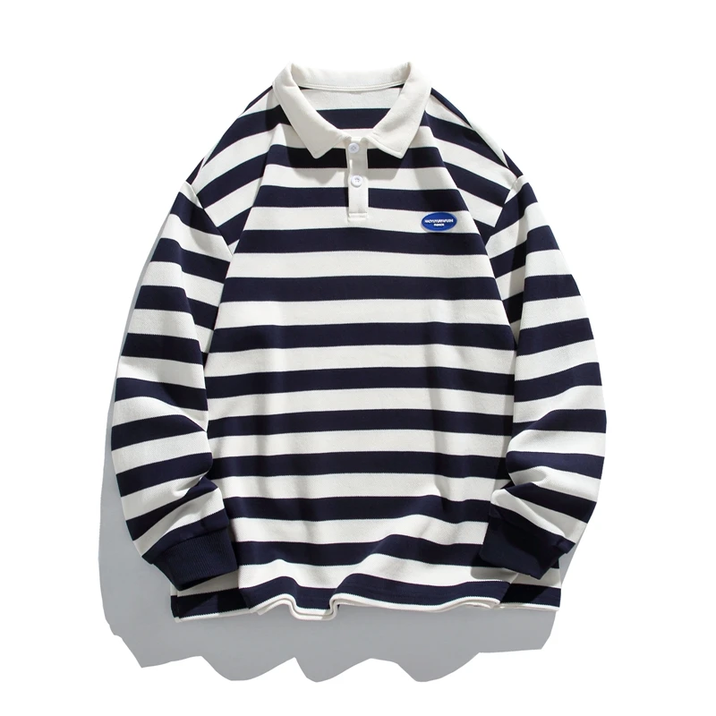 Men's Striped Button Pullover Lantern Long Sleeve T-shirt Turn-down Collar Hoodies Preppy Style Office Lady Undershirt Tops