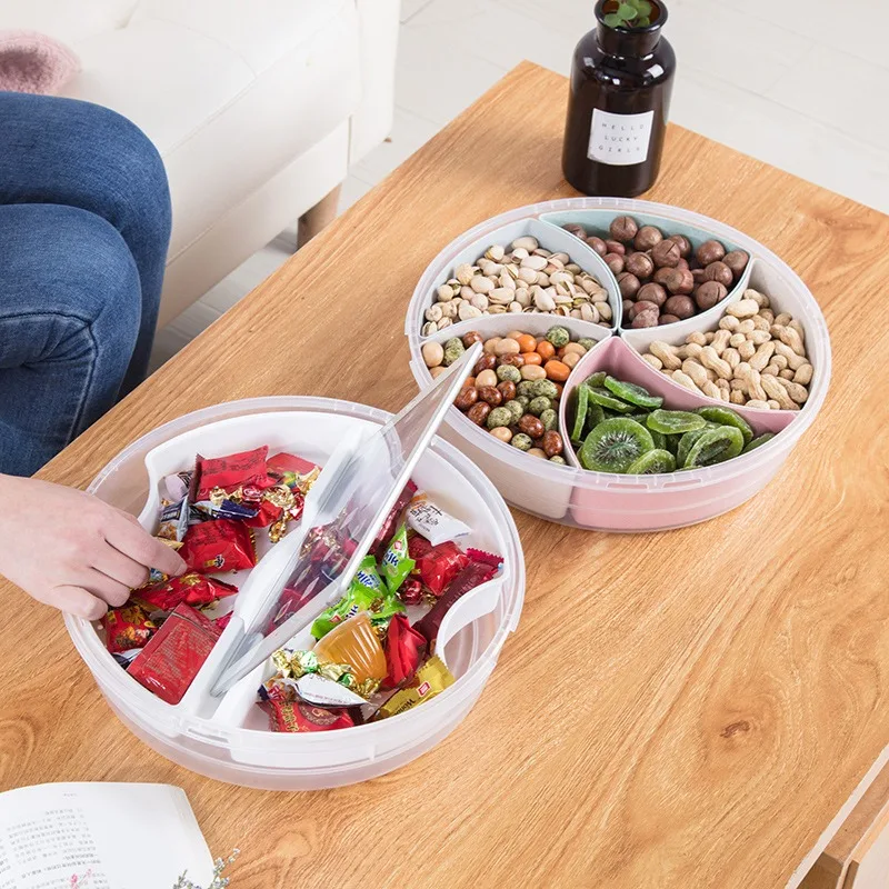 Creative Round Fruit Box Divided Nut Plate Home Living Room Candy Plate Snack Dried Fruit Box Plastic Transparent Fruit Plate