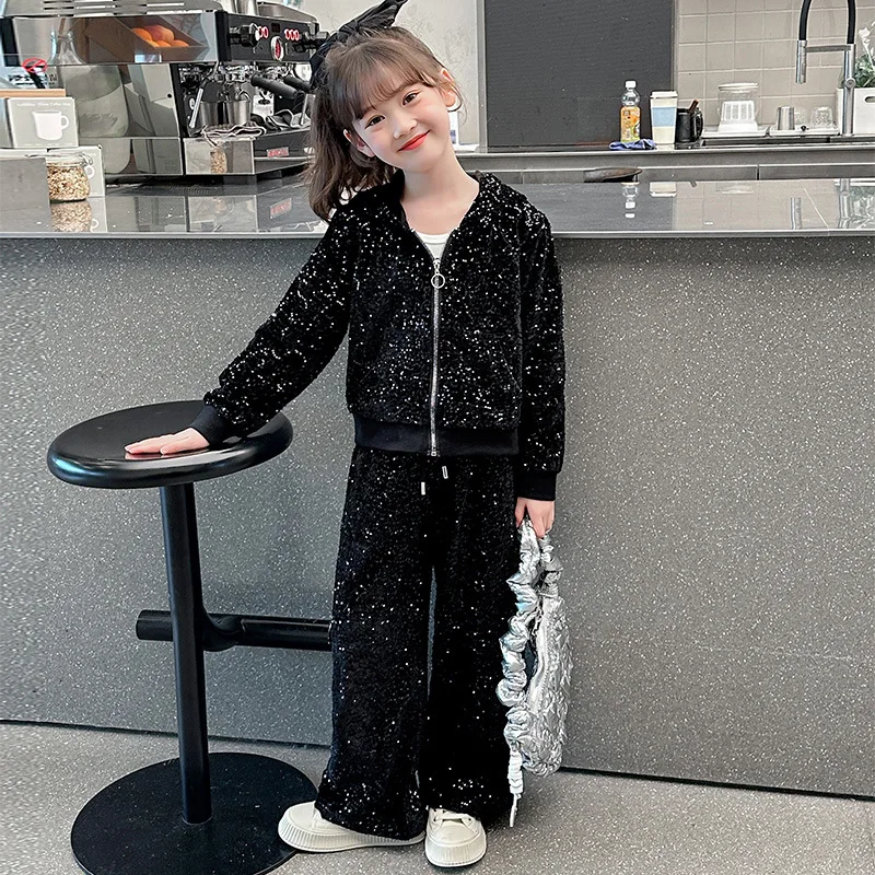 Girls Clothes Set Zipper Sequin Hoodies Sweatpants Two Pieces Teenage Kids Tracksuit Dance Casual Sport Children Clothing Set
