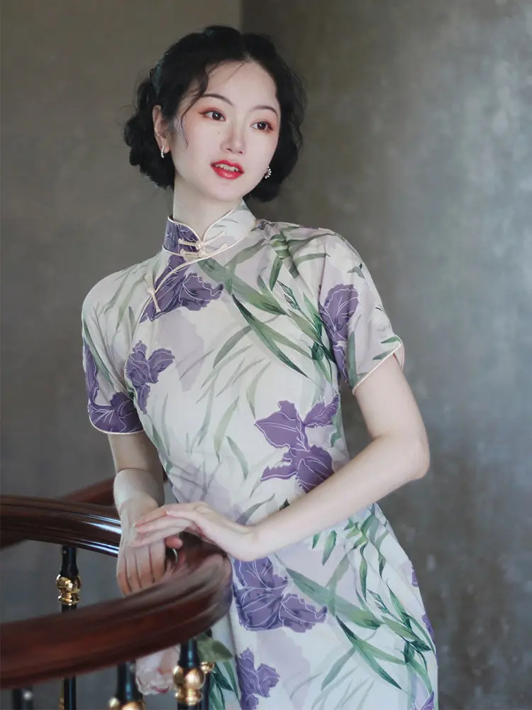 Chinese Dress Vintage Flower Print Qipao Women Oriental Ethnic Dress Cheongsam Female Elegant Evening Dress Party Floral Qipao