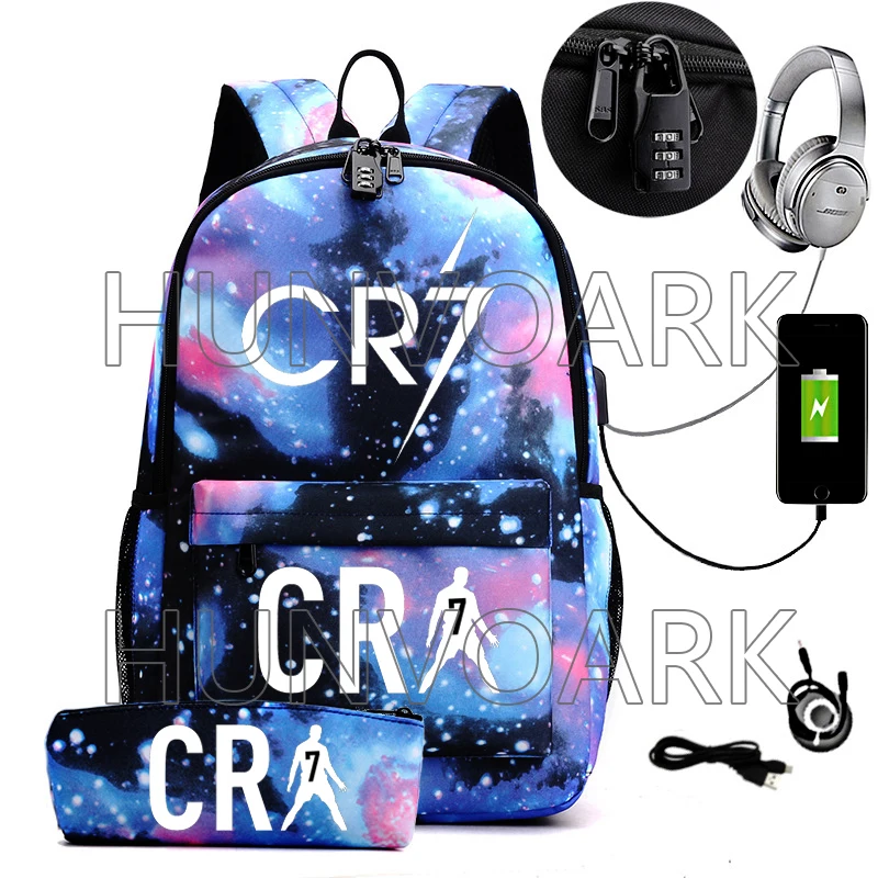 thumbnail image 1 of Mochila para portátil CR7 de 2 piezas, de 18 pulgadas, para adolescentes, niñas y niños, con carga USB, para viajes independientes, para exteriores, 1 of 5