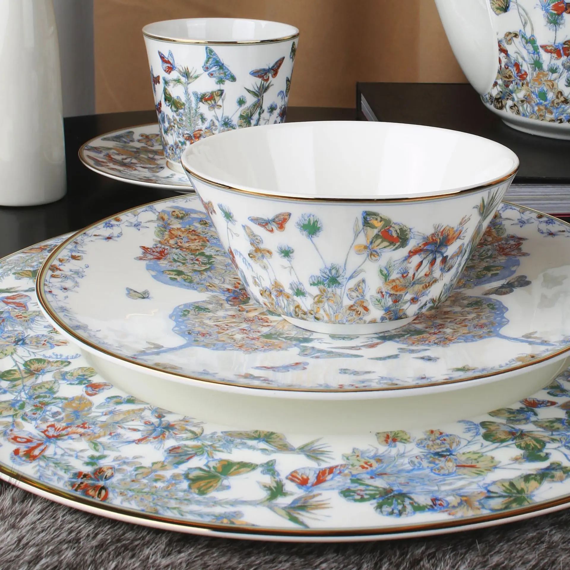 High bone China blue butterfly grammar tableware retro light luxury plate European home dining bowl spoon Western plate set