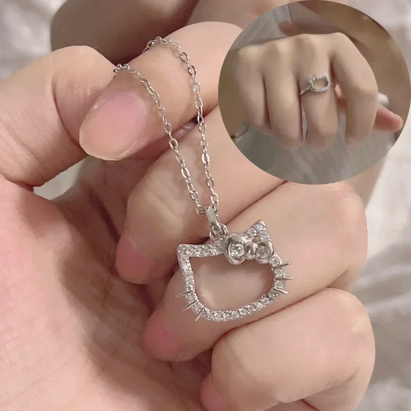 

Kawaii Necklace Anime Character Ring Couple Silver Clavicle Hellos Kittys Chain Adjustable Accessories Ladies Birthday Gift