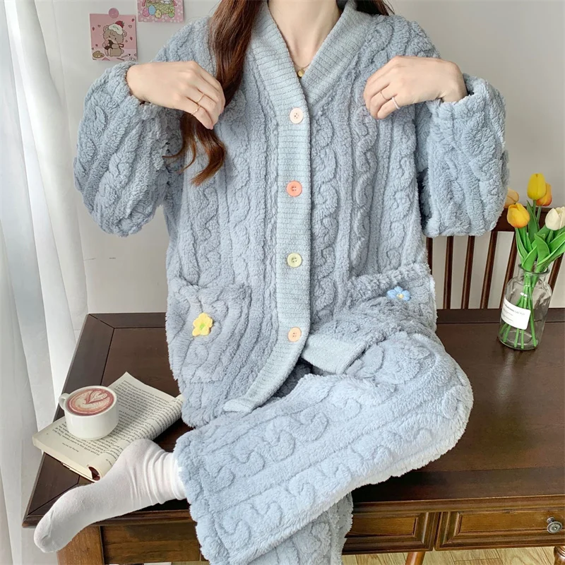 Winter Women's Coral Velvet Pajamas Plush Thickened Cardigan Flannel Warm Jacquard Home Clothing Set Sweet Girls Sleepwear