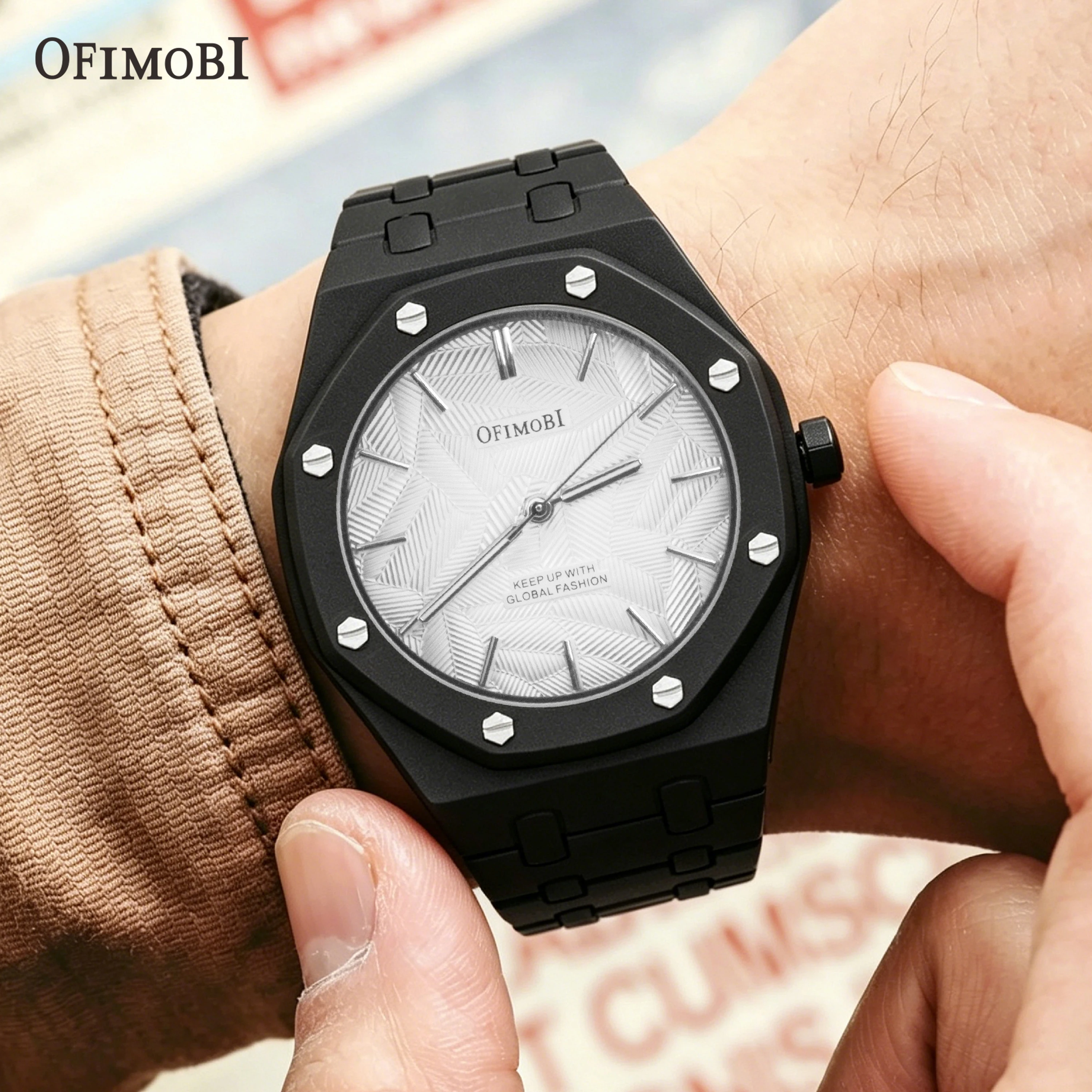 Men's Octagonal Watch with Textured Dial and ABS Band - 43.3mm, 30M Waterproof, Casual Style